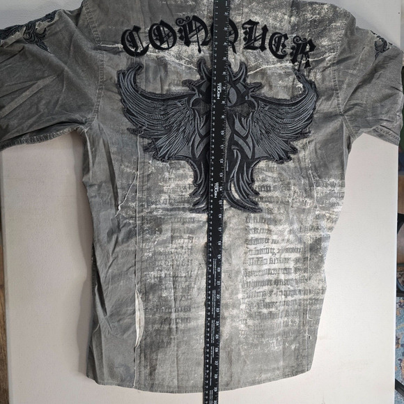 Roar Shirt Men's Small Bleached Gray Embordered Wings Conquer Y2K Button Down - Picture 13 of 16